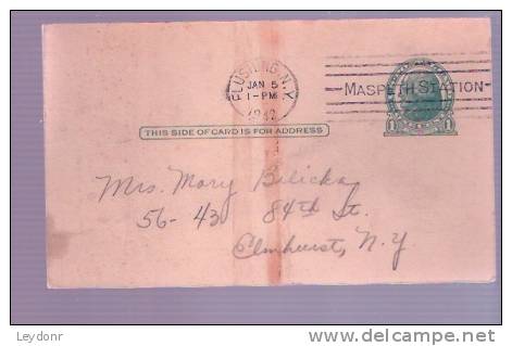 United States - Jefferson Postal Card - Postmarked Flushing N.Y. MASPETH STATION 1942 - 1941-60