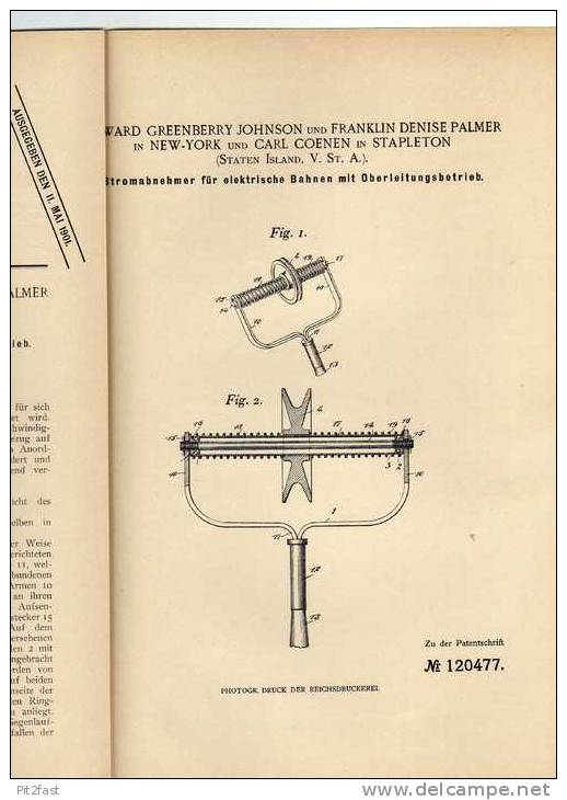 Original Patentschrift - Strassenbahn , O- Bus , 1900 , F. Palmer In New York Und Stapleton , Staten Island , USA !!! - Cars