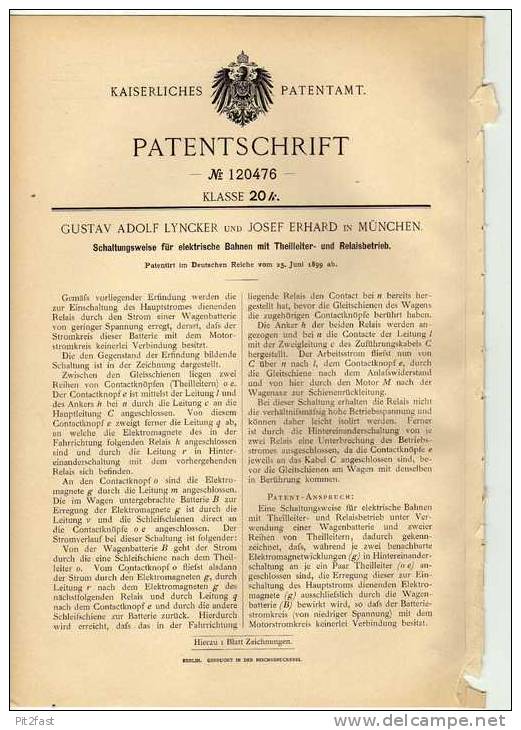 Original Patentschrift - G. Lyncker In München , Straßenbahn , O- Bus , 1899 !!! - Cars