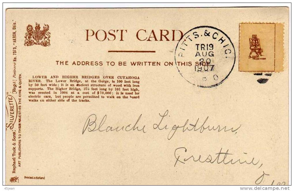 U.S.A: 1907 Très Belle Carte Akron Ohio  Très Belle Carte "ponts Bas Et Haut Sur La Rivière Cuyahoga Train Et Voiture - Akron