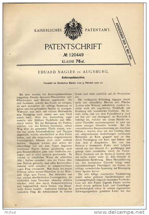 Original Patentschrift - Kettenspulmaschine , E. Nagler In Augsburg , 1900 !!! - Máquinas