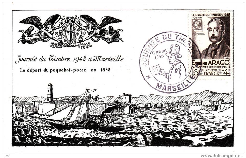 CP  - Journée Du Timbre - MARSEILLE 1948 - Arago - Paquebot Poste - ....-1949