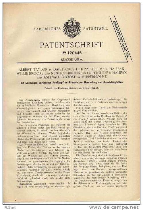 Original Patentschrift - Kunststeinplatten Maschine , 1899, A. Taylor In Hipperholme Und Lightcliffe B. Halifax !!! - Architectuur