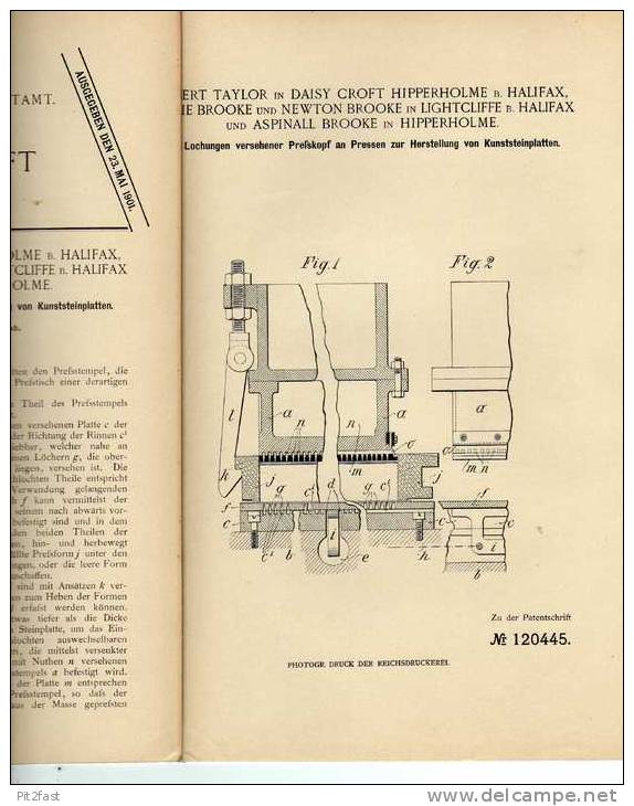 Original Patentschrift - Kunststeinplatten Maschine , 1899, A. Taylor In Hipperholme Und Lightcliffe B. Halifax !!! - Architektur