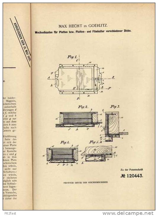 Original Patentschrift -  M. Hecht In Goerlitz , 1900, Photographie , Plattenhalter , Filmkasten !!! - Historische Dokumente