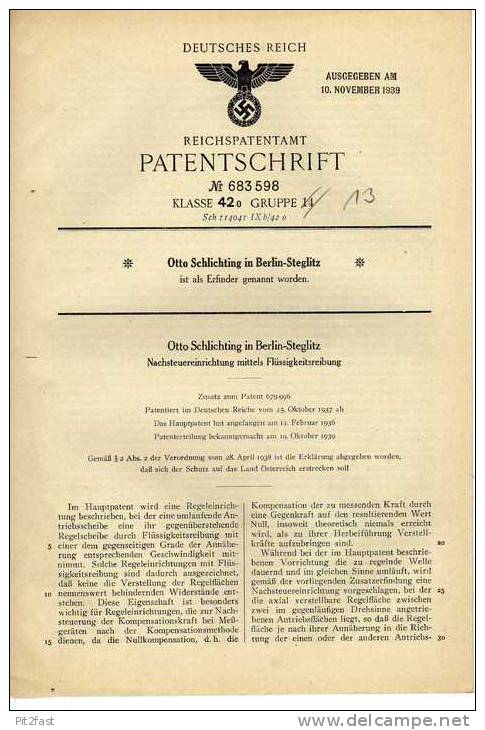 Original Patentschrift - Steuereinrichtung , 1937 , O. Schlichting In Berlin - Steglitz !!! - Tools