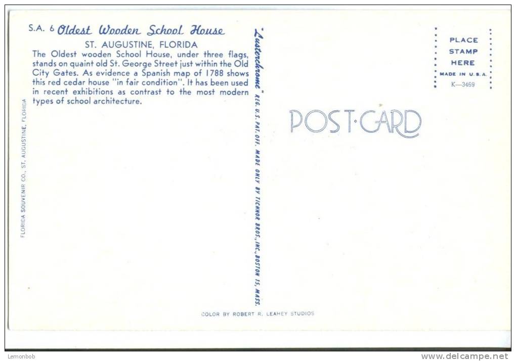 USA, Oldest Wooden School House, St. Augustine, Florida, Unused Postcard [P8229] - St Augustine