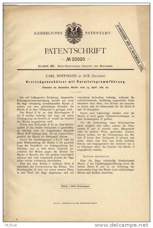Original Patentschrift - C. Hoffmann In Aue , Sachsen , 1882 , Kreissäge , Sägewerk , Tischlerei , Holz !!! - Máquinas