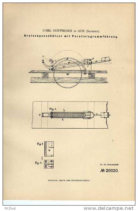 Original Patentschrift - C. Hoffmann In Aue , Sachsen , 1882 , Kreissäge , Sägewerk , Tischlerei , Holz !!! - Tools