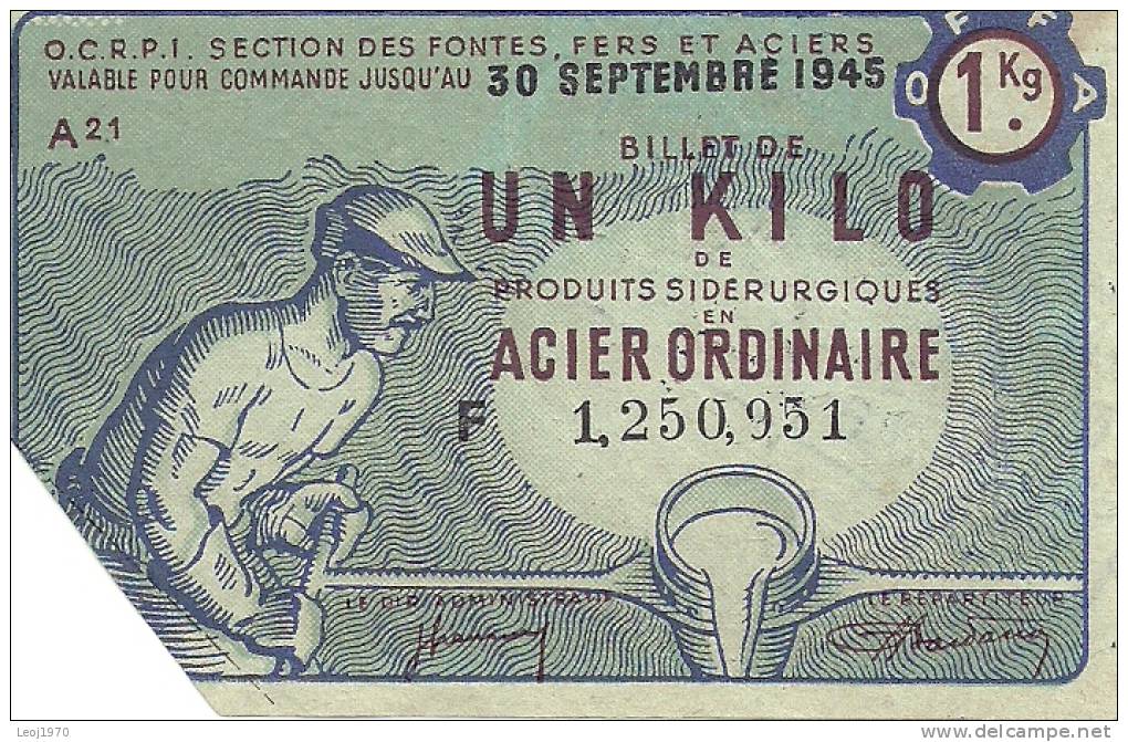 NORD PAS DE CALAIS OCRPI MONNAIE MATIERE 1945 BILLET DE UN KILO DE PRODUITS SIDERURGISTES ACIER ORDINAIRE - Bons & Nécessité