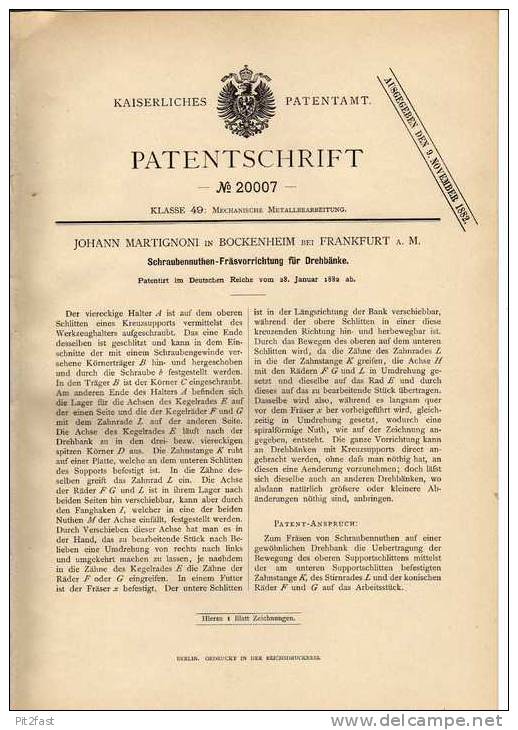 Original Patentschrift - J. Martignoni In Bockenheim B. Frankfurt A. M., 1882 , Drehbank !!! - Historical Documents
