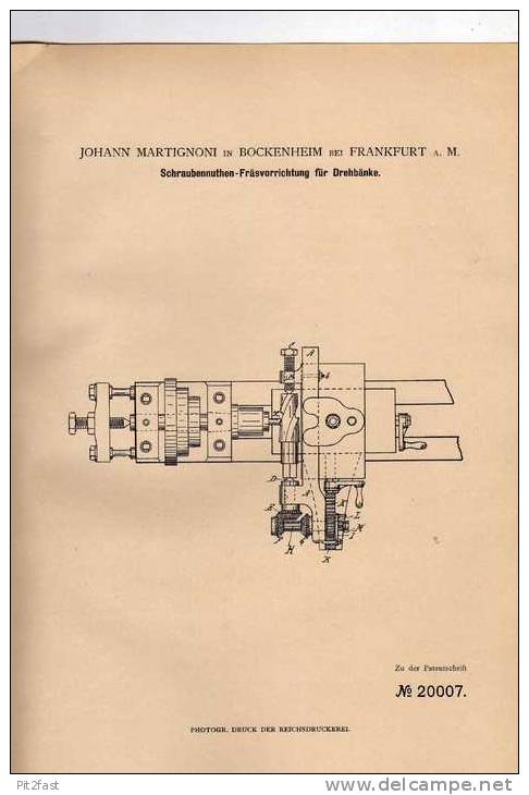 Original Patentschrift - J. Martignoni In Bockenheim B. Frankfurt A. M., 1882 , Drehbank !!! - Historical Documents