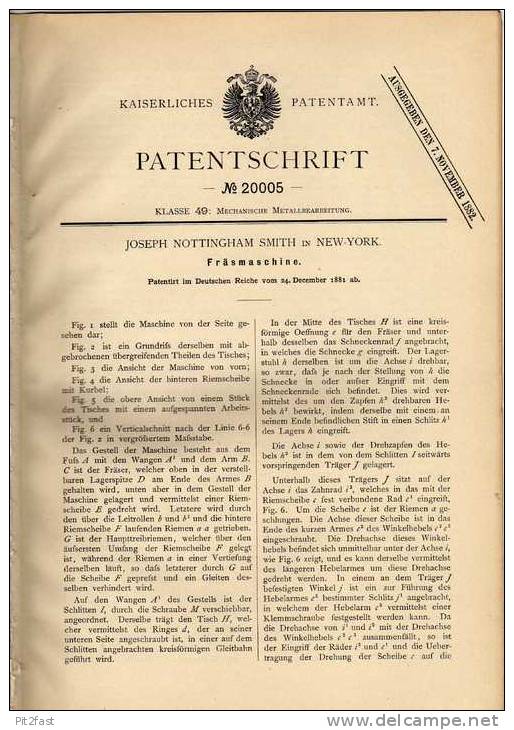 Original Patentschrift -  Fräsmaschine , 1881 , J. Nottingham In New York   !!! - Maschinen