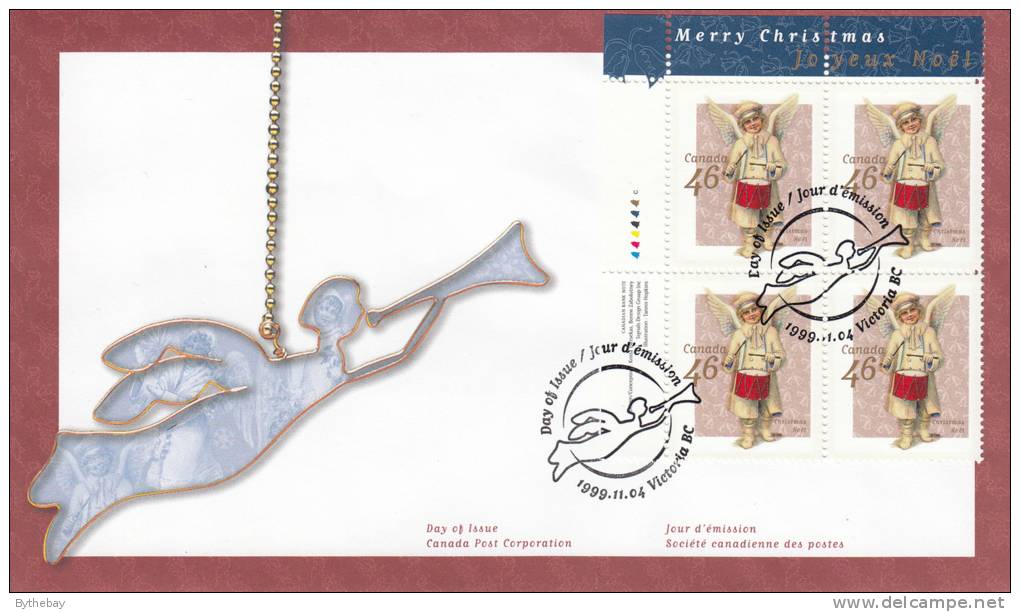Canada FDC Scott #1815 Upper Left Plate Block 46c Angel With Drum - Christmas Victorian Angels - 1991-2000
