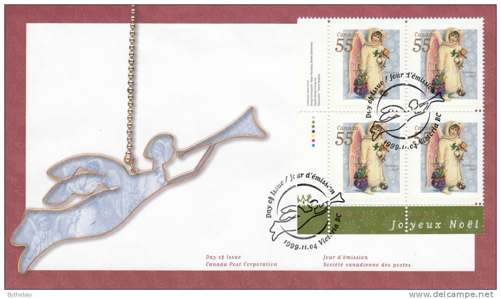 Canada FDC Scott #1816 Lower Left Plate Block 55c Angel With Toys - Christmas Victorian Angels - 1991-2000