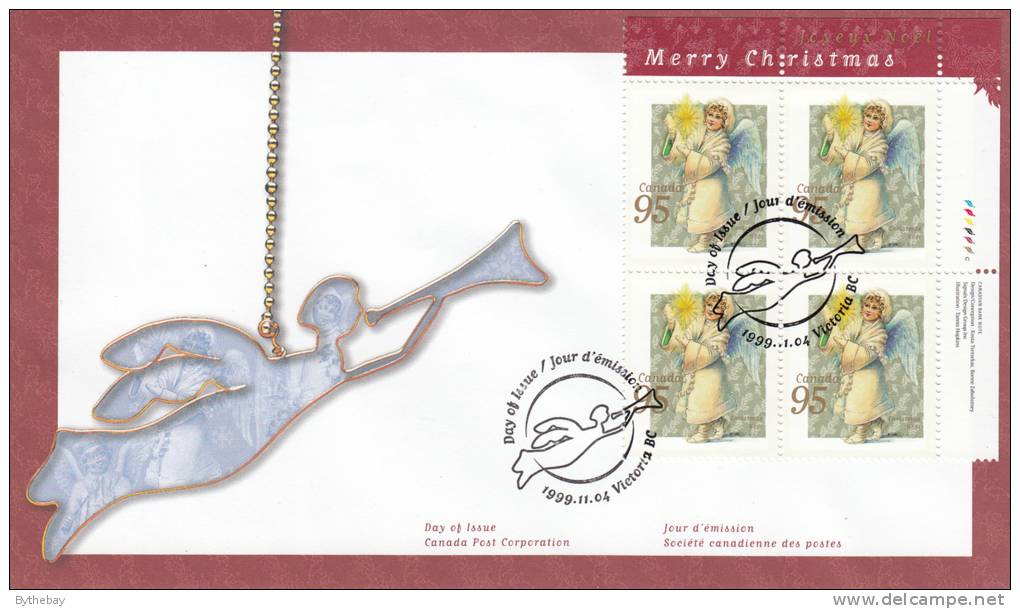 Canada FDC Scott #1817 Upper Right Plate Block 95c Angel With Candle - Christmas Victorian Angels - 1991-2000