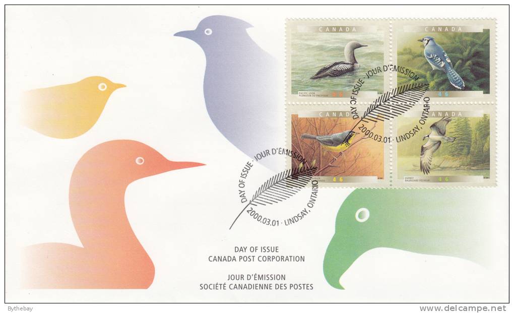 Canada FDC Scott #1842a Block Of 4 46c Birds - Canadian Warbler, Osprey, Pacific Loon, Blue Jay - 1991-2000