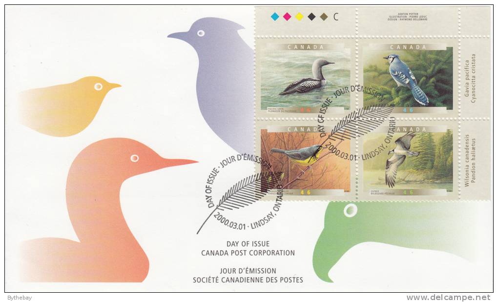 Canada FDC Scott #1842a Upper Right Plate Block 46c Birds - Canadian Warbler, Osprey, Pacific Loon, Blue Jay - 1991-2000