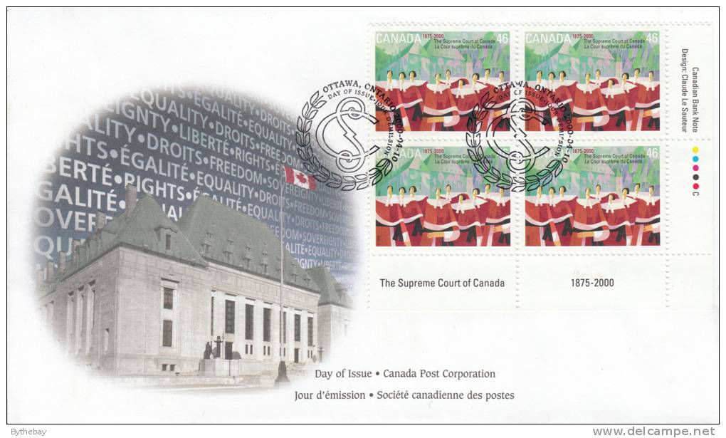 Canada FDC Scott #1847 Lower Right Plate Block 46c Supreme Court Of Canada 125th Anniversary - 1991-2000