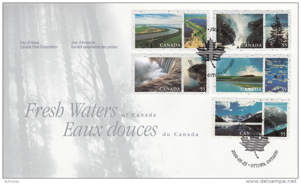 Canada FDC Scott #1854a-#1854e 55c Fresh Waters - Helmcken Falls, Lake Near Baldwinton, Cameron Lake, Red River, Niagara - 1991-2000