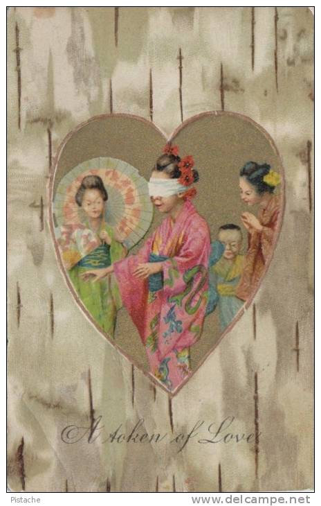 CPA - Saint-Valentin - Valentine - Personnages Asiatiques - Embossée -  État : Pli Peu Apparent - 2 Scans - Valentine's Day