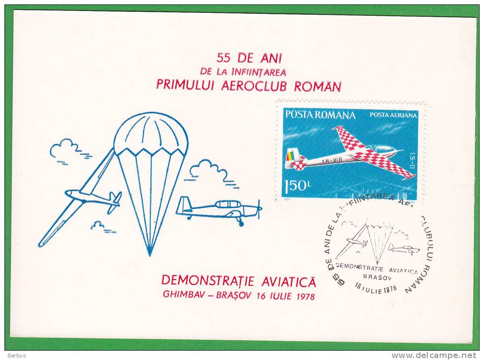 Romania ;  1978 ; The First Roman Aeroclub - 55 Years Old ; Special Cancell. - Parachutespringen