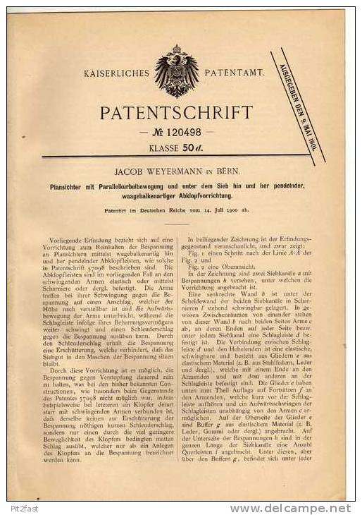 Original Patentschrift - J. Weyermann In Bern , 1900, Plansichter  !!! - Machines