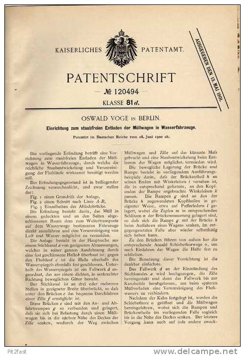 Original Patentschrift - Müllentladung In Schiffe , Boot , 1900 ,O. Voge In Berlin !!! - Andere & Zonder Classificatie