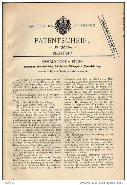 Original Patentschrift - Müllentladung In Schiffe , Boot , 1900 ,O. Voge In Berlin !!! - Other & Unclassified
