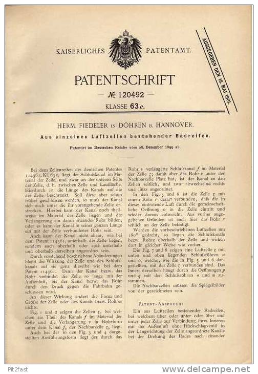 Original Patentschrift - H. Fiedler In Döhren B. Hannover , 1899, Reifen Mit Einzelnen Luftzellen  !!! - Motos