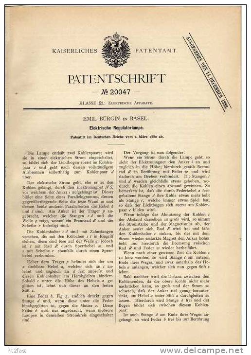 Original Patentschrift -  Elektr. Regulator Lampe , 1882 , E. Bürgin In Basel !!! - Lámparas Y Arañas