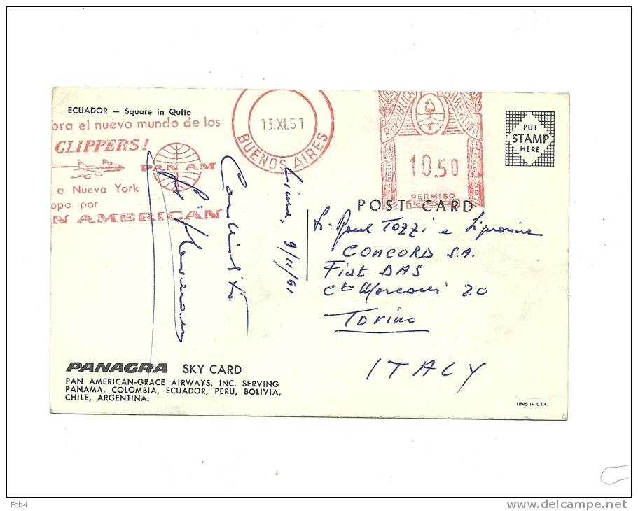 ECUADOR- SQUARE IN QUITO - PANAGRA SKY CARD  - PAN AM  -2PICS - *(ecu877) - Equateur