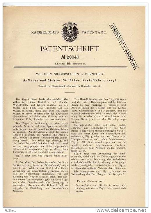 Original Patentschrift - W. Siedersleben In Bernburg , 1881,  Auflader , Förderband , Landwirtschaft , Agrar !!! - Macchine