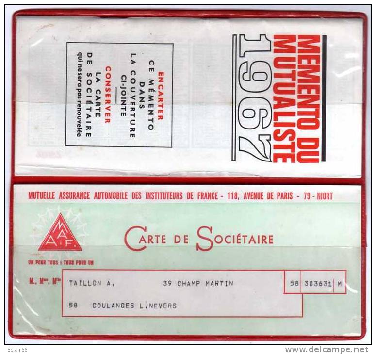 Mémento Du Mutualiste De 1967, Mutuelle Assurance Auto Instituteurs De France, Avec La Carte De Sociétaire Et Son étui - Bank & Insurance