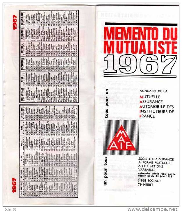 Mémento Du Mutualiste De 1967, Mutuelle Assurance Auto Instituteurs De France, Avec La Carte De Sociétaire Et Son étui - Bank & Insurance