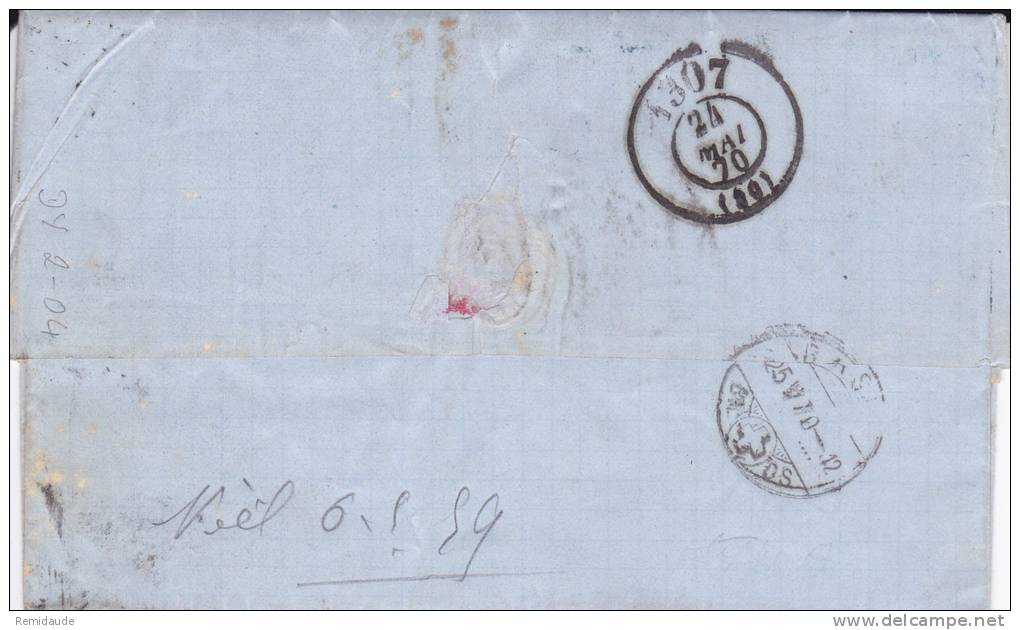 1870 - YVERT N° 30 Sur SEUL Sur LETTRE De LYON Pour BALE (SUISSE) - COTE MAURY = 85 EUROS - 1863-1870 Napoléon III Lauré