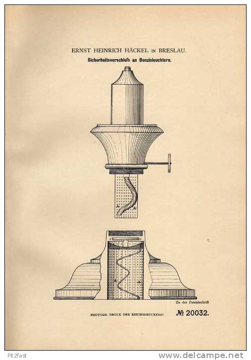 Original Patentschrift - E. Häckel In Breslau , 1882 , Leuchter , Lampe , Benzinleuchter !!! - Lantaarns & Kroonluchters