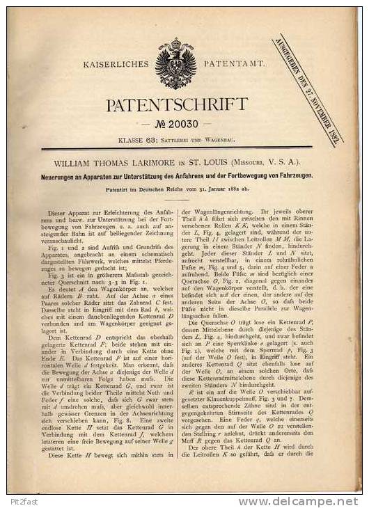 Original Patentschrift - Anfahrhilfe Für Fahrzeuge , 1882 , W. Larimore In St. Louis , USA  !!! - KFZ