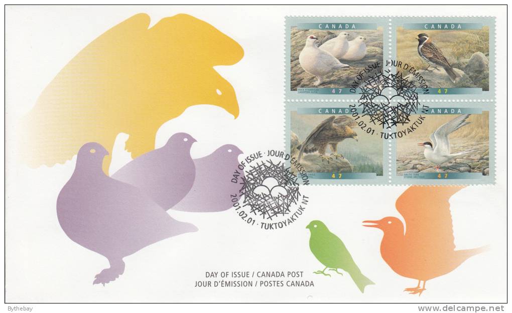 Canada FDC Scott #1889a Block Of 4 47c Birds: Golden Eagle, Arctic Tern, Rock Ptarmigan, Lapland Longspur - 2001-2010