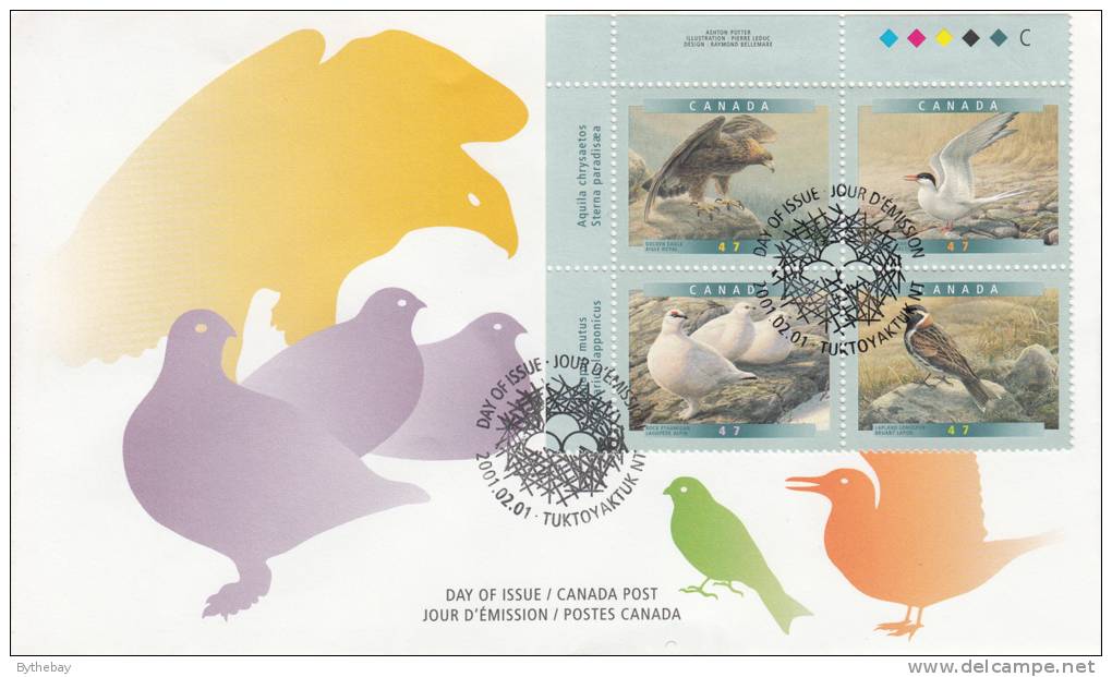 Canada FDC Scott #1889a Upper Left Plate Block 47c Birds: Golden Eagle, Arctic Tern, Rock Ptarmigan, Lapland Longspur - 2001-2010