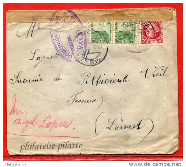 ESPAGNE LETTRE CENSUREE DE 1937 DE ALMERIA POUR PITHIVIERS FRANCE COVER - Republicans Censor Marks