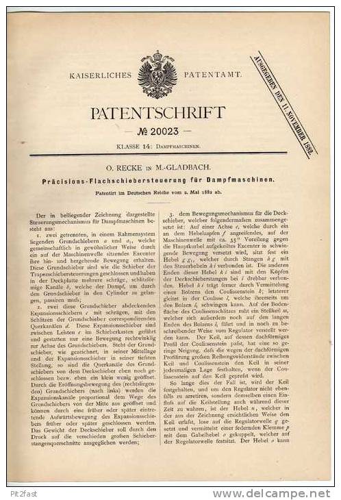 Original Patentschrift - Präcisionssteuerung Für Dampfmaschine , 1882, O. Recke In M.- Gladbach !!! - Machines