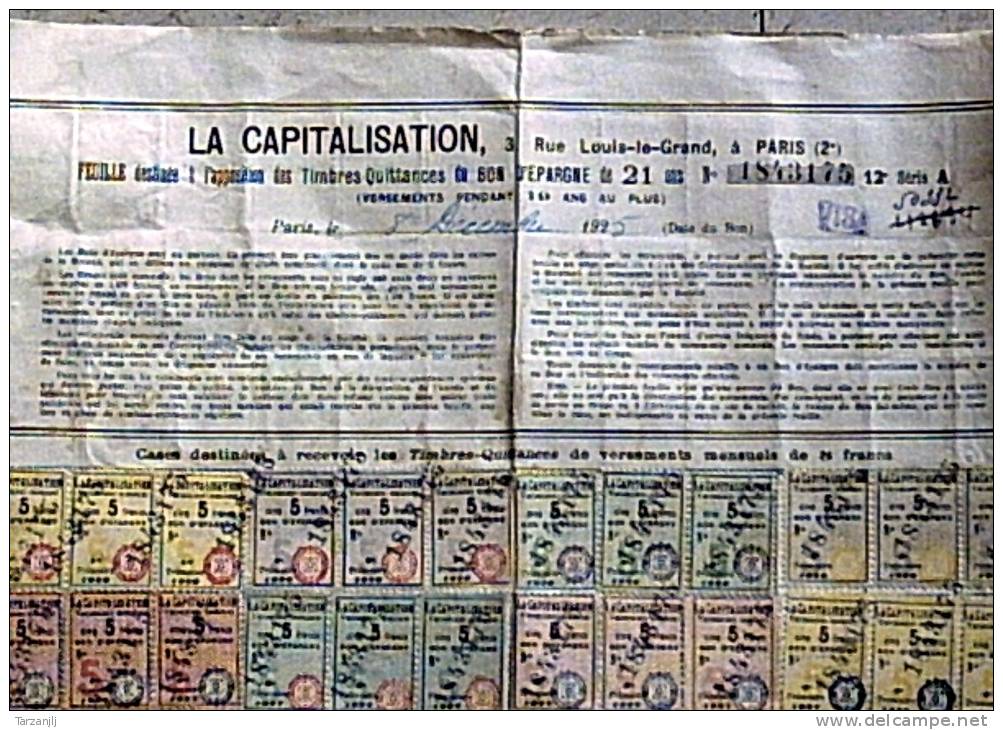 Bon De La Capitalisation De 1925 Avec Vignettes Collées Tampon Abbeville (Somme 80) - Bank En Verzekering