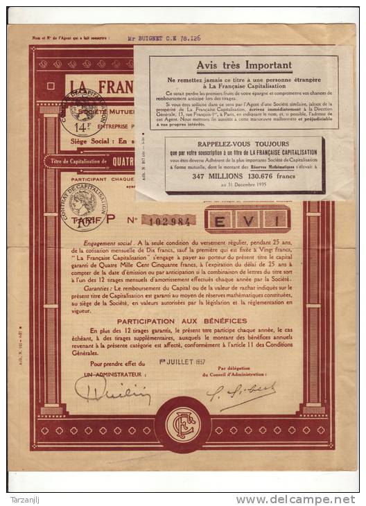 Titre Action Bon De La Française Capitalisation Paris De 1937 - Banco & Caja De Ahorros