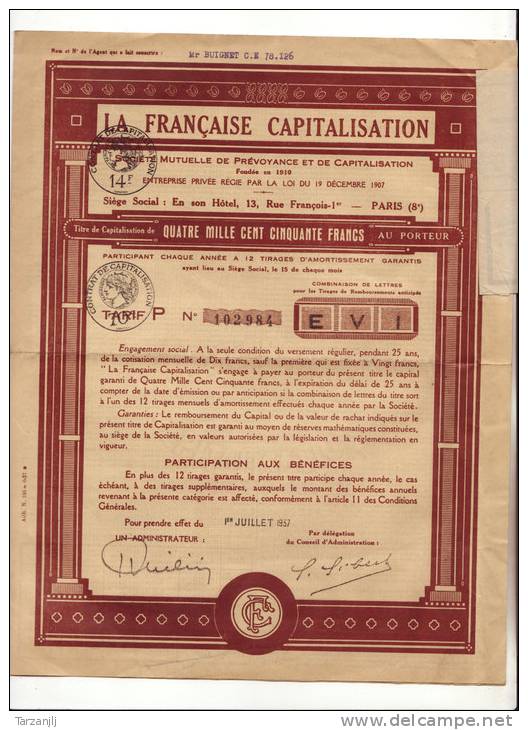 Titre Action Bon De La Française Capitalisation Paris De 1937 - Bank En Verzekering