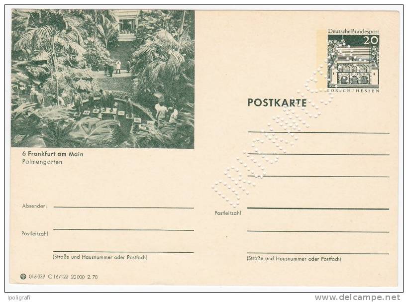 Germany (BRD), 1967 - Postal Card, Monuments Set -  Illustrated: Frankfurt, Palmengarten - Druckmuster, Specimen - Illustrated Postcards - Mint