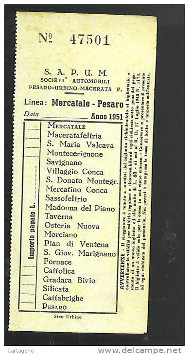 Mercatale-pesaro   Ditta S.a.p.u.m   Biglietto Bus Anni 50 - Europe