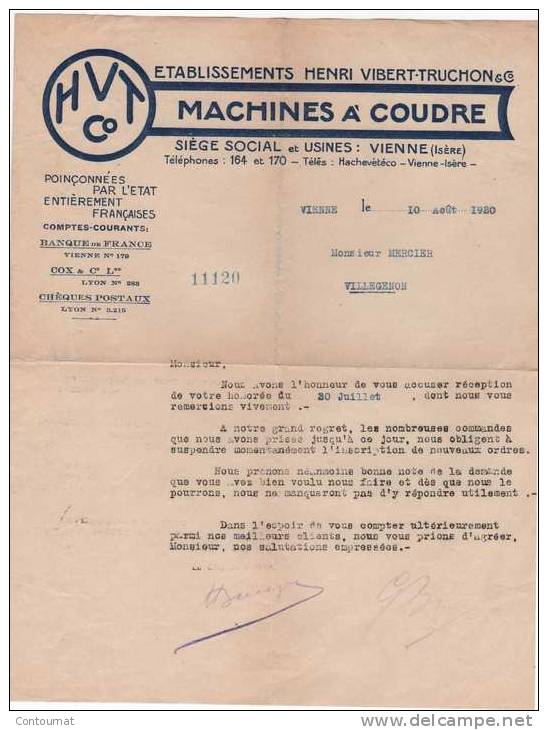 38 VIENNE FACTURE 1920 MACHINES A COUDRE  Ets Henri VIBERT TRUCHON & C°  - T30 - 1900 – 1949