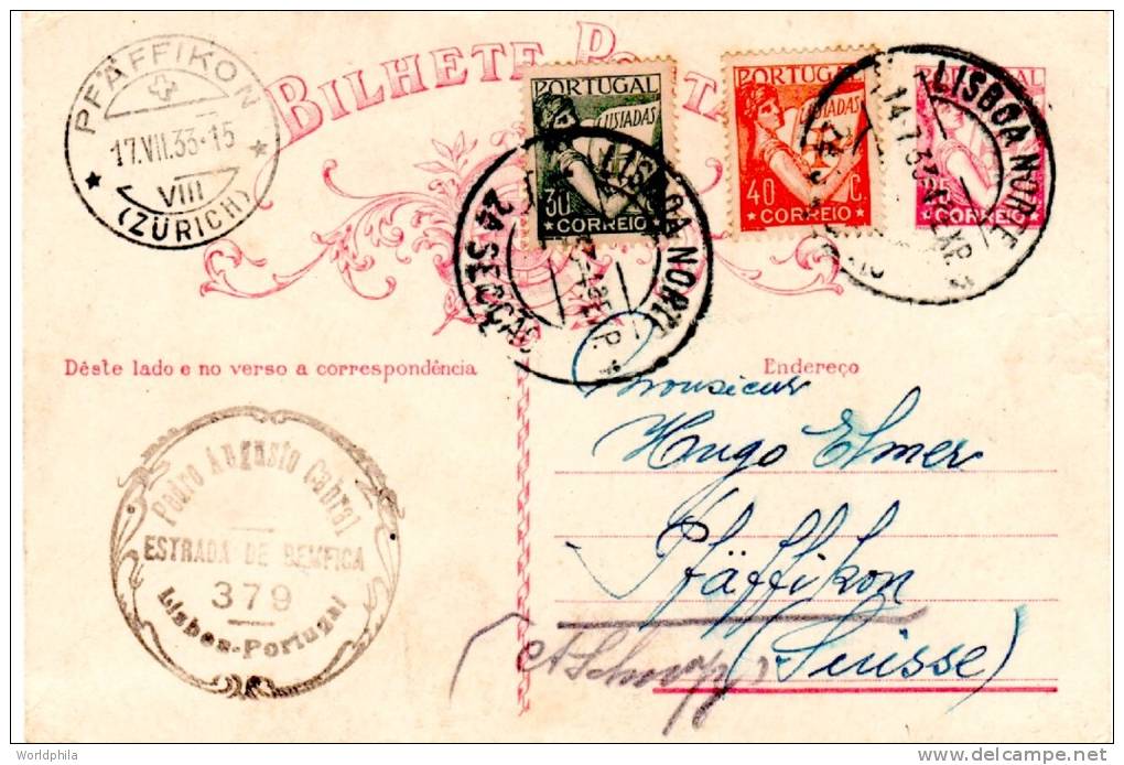 Portugal-Suisse Uprated Mailed Postal Card Michel P80  "Holding Volume Of The Lusiads" 1933 - Postal Stationery