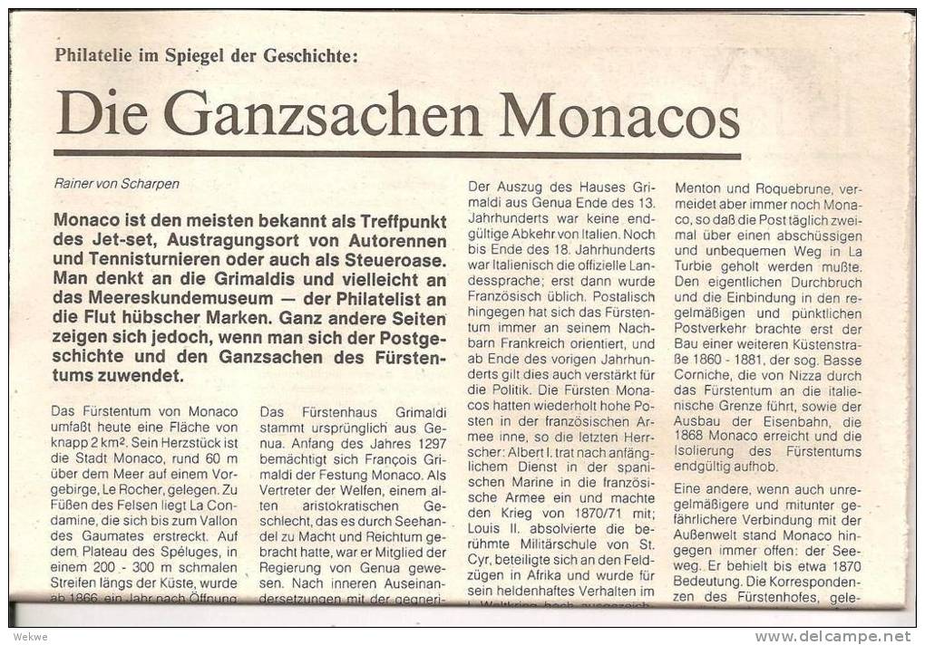 Monacco, Die Postgeschichte Des Fürstentums Und Dessen Ganzsachen Auf 8 DIN A 4 Seiten - Filatelie En Postgeschiedenis